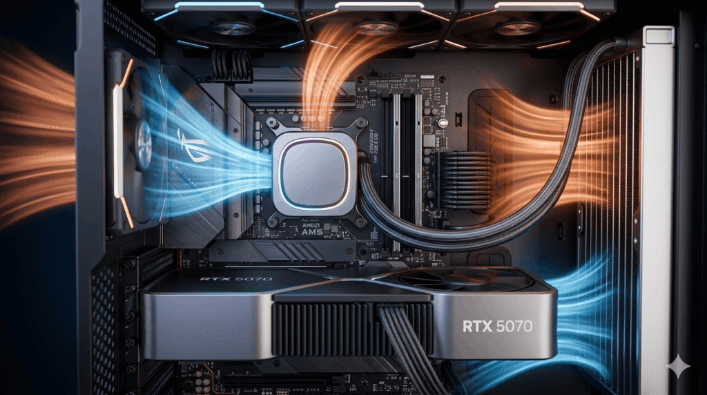 high-end gaming PC chassis with RTX 5070 GPU